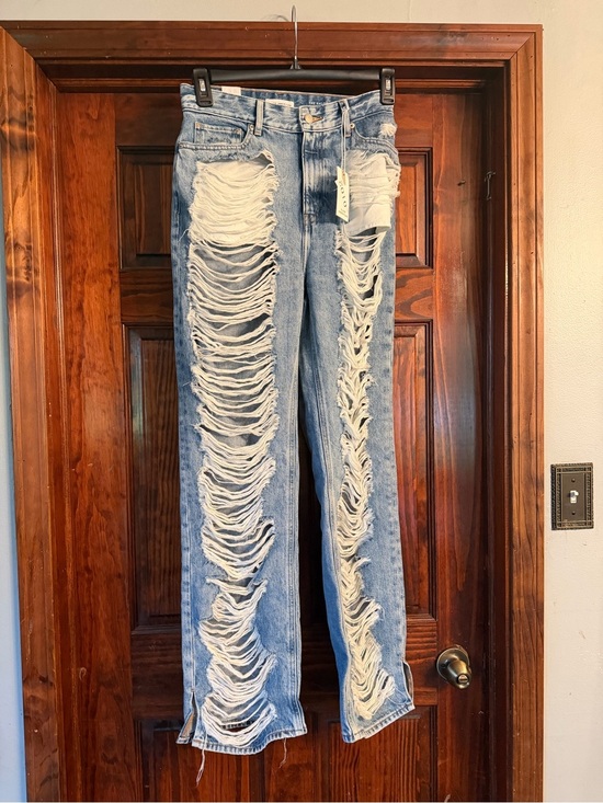 Good American Denim - Good American Light Blue Distressed Straight Leg Jeans